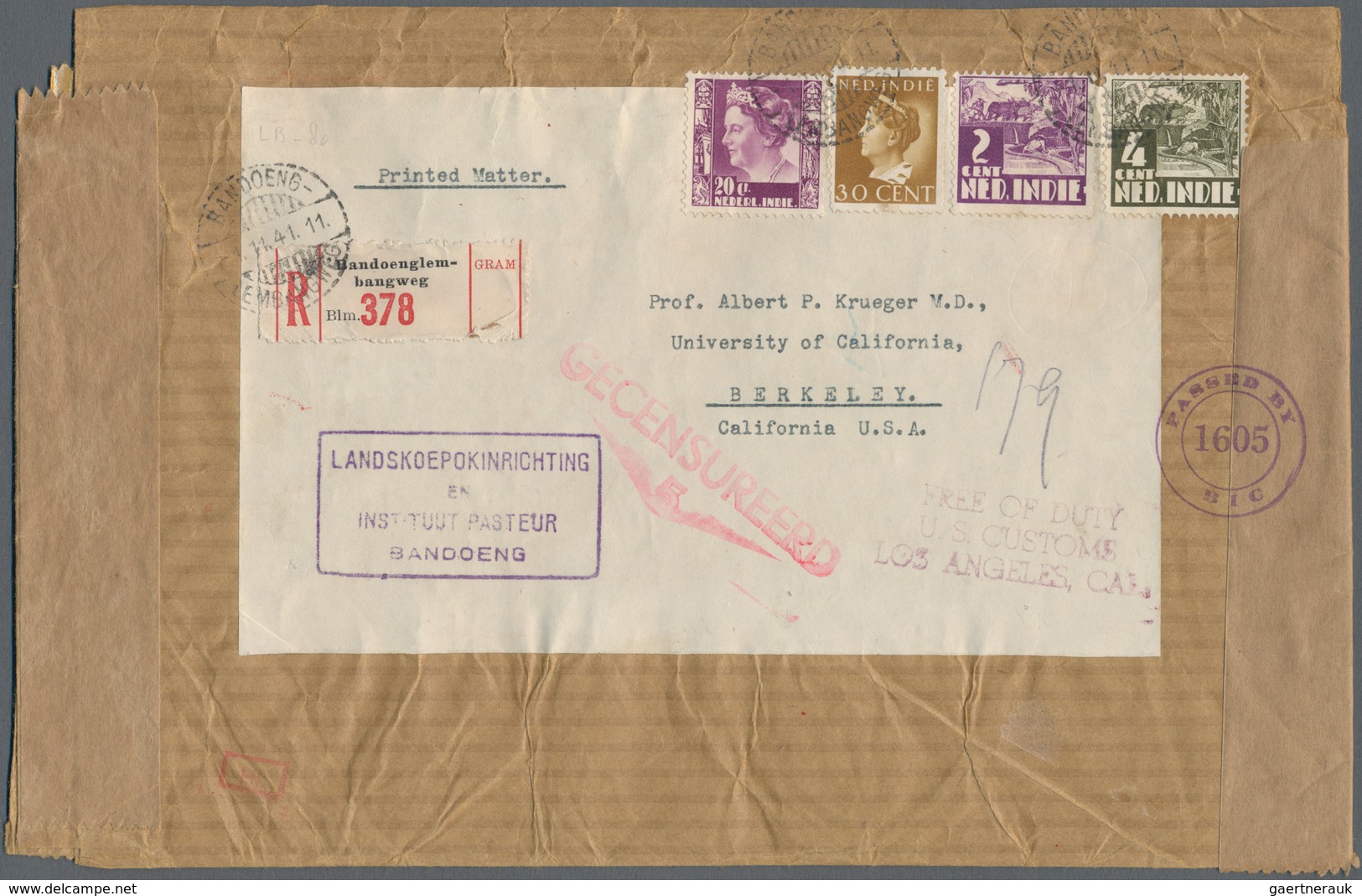 Niederländisch-Indien: 1941. Registered Envelope Endorsed 'Printed Matter' Addressed To California B - Netherlands Indies