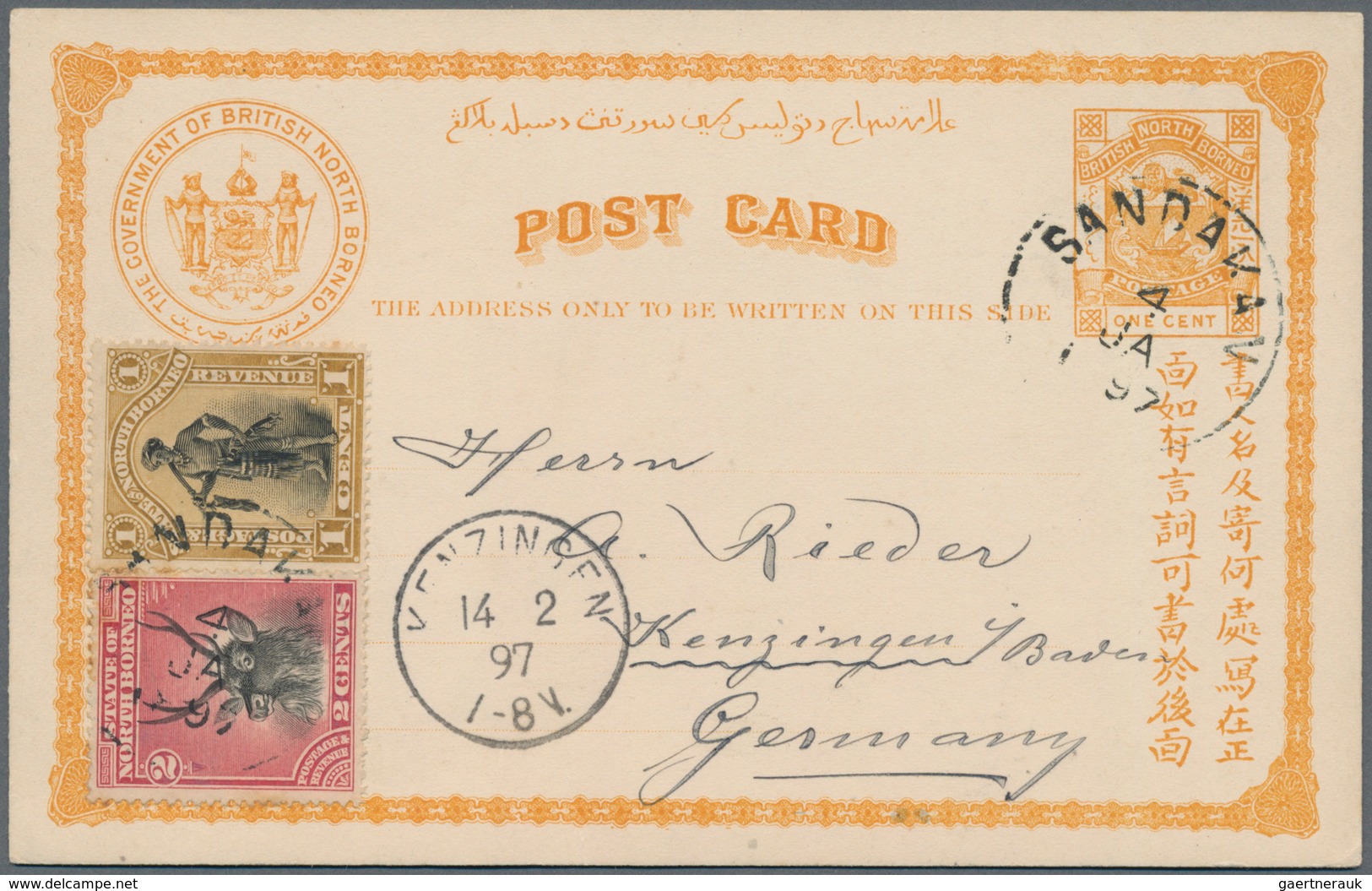 Nordborneo: 1897, Postal Stationery Card 1c. Orange Used From Sandakan To Germany, Uprated 1894 1c. - North Borneo (...-1963)