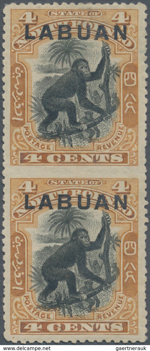 Nordborneo: 1900-02, LABUAN Overprinted 4c. Black And Yellow-brown Vertical Pair Imperf Between, Min - North Borneo (...-1963)
