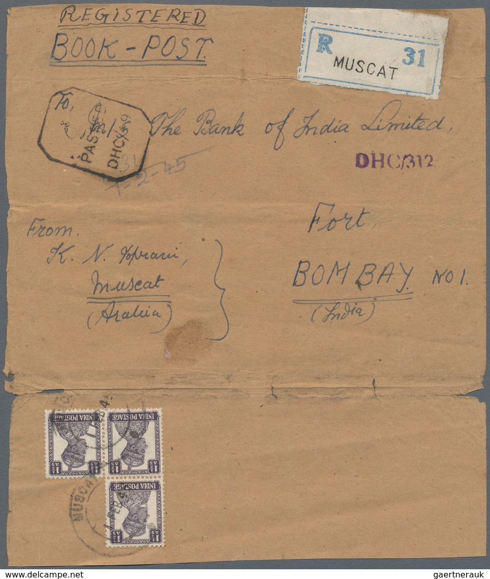 Oman: 1945, "MUSCAT 1 FEB 45" Cds. On Wrapper Bearing Block Of Three 1 1/2 An. Deep Violet, Blue Reg - Oman