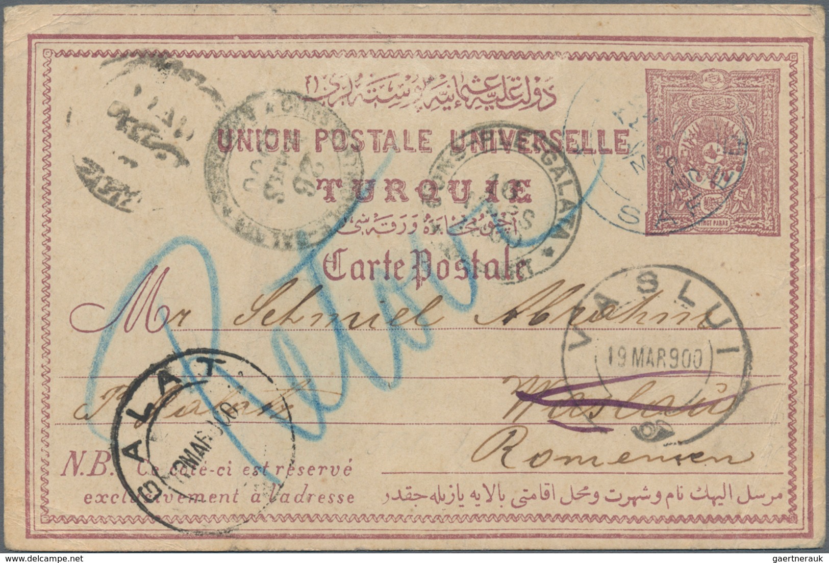 Palästina: 1900, Turkey 20 Para Postal Stationery Card Tied By "SAFED" Cds., To VASLUI With Arrival - Palestine