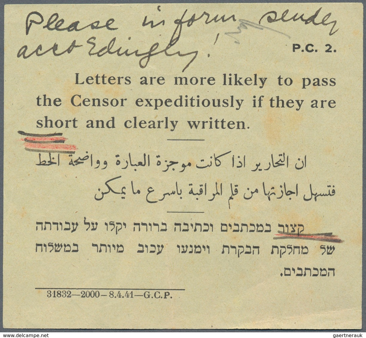 Palästina: 1944, Stationery Card 8 M. Uprated 5 M. "JERUSALEM 11 NO 44" Addressed To Greek Island Of - Palestina