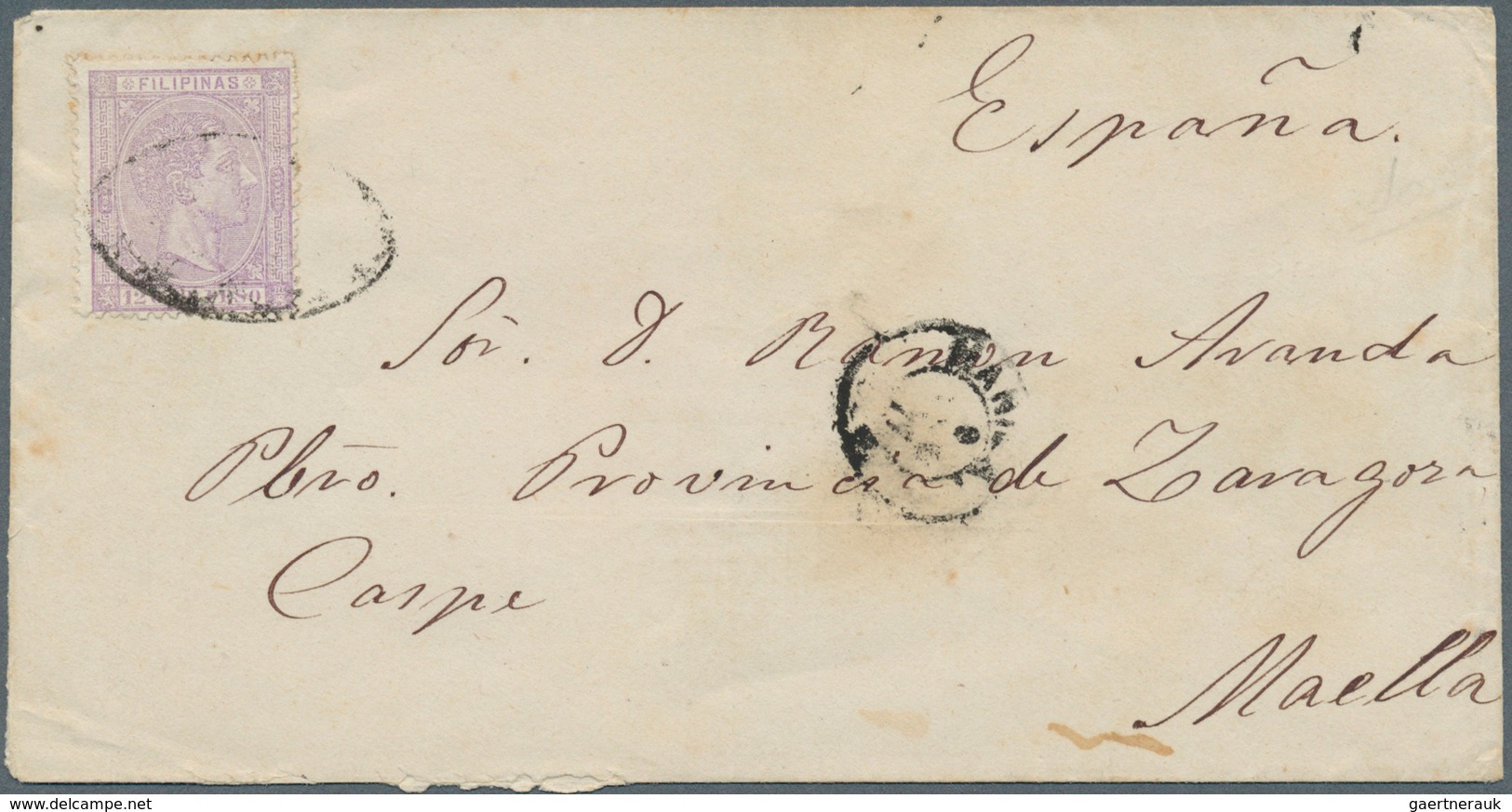 Philippinen: 1876, 12 C Violett Single Franking On Letter From Manila To Spain. Rare. ÷ 1876, 12 C A - Philippinen