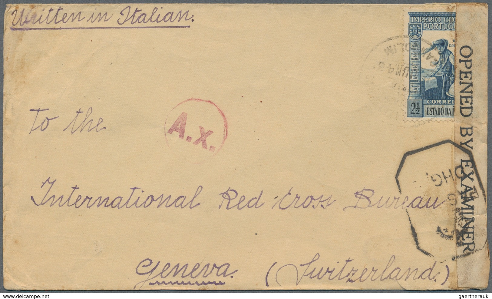 Portugiesisch-Indien: 1943, Censored Cover From A Italian Internee To Red Cross In Geneva, Switzerla - Portugees-Indië