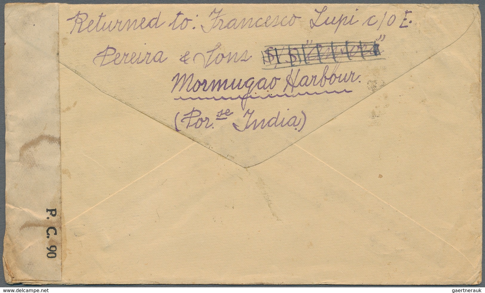 Portugiesisch-Indien: 1943, Censored Cover From A Italian Internee To Red Cross In Geneva, Switzerla - Portuguese India