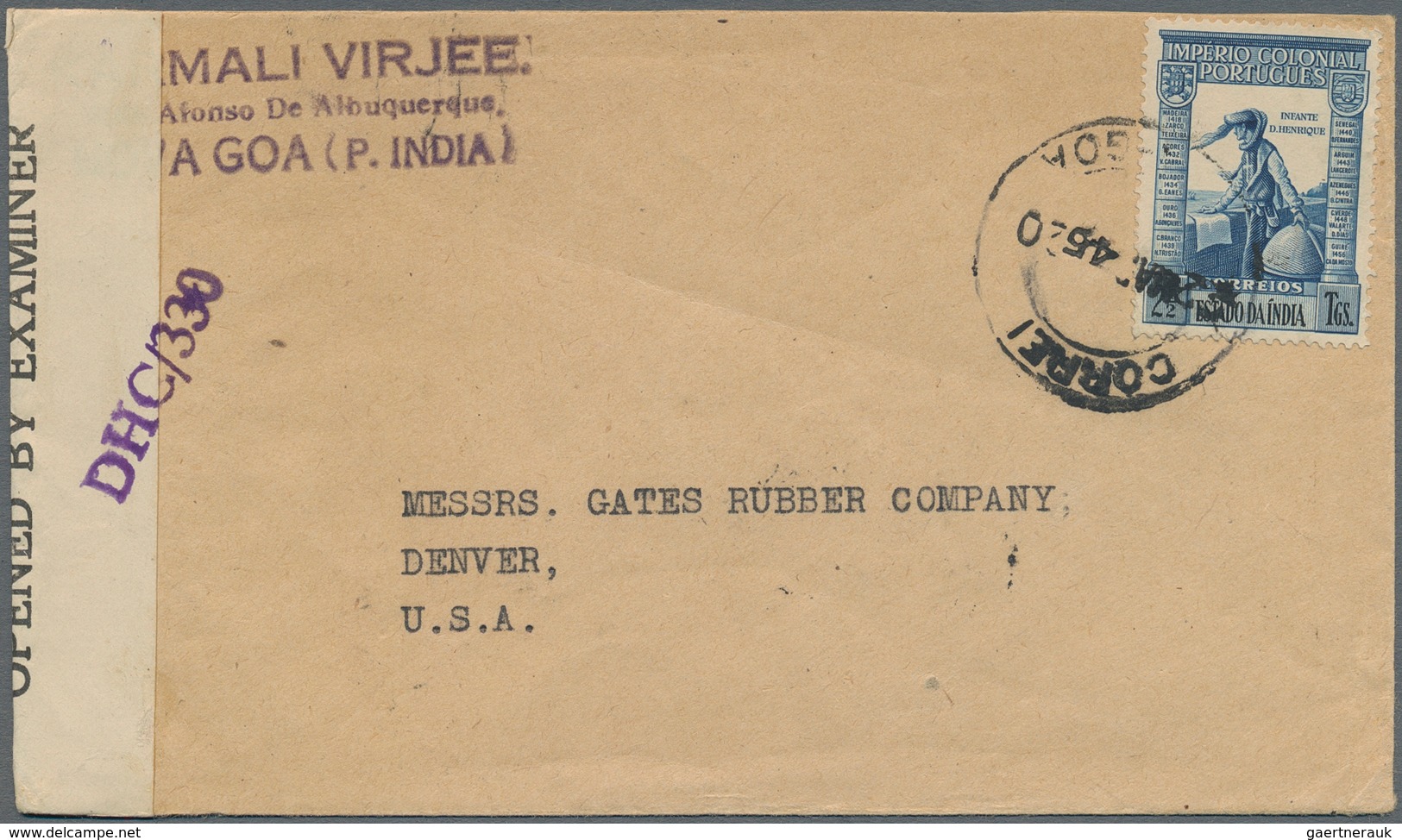 Portugiesisch-Indien: 1945, Two Censored Covers: 1) Registered Commercial Airmail From "NOVA GOA 2-8 - Portuguese India