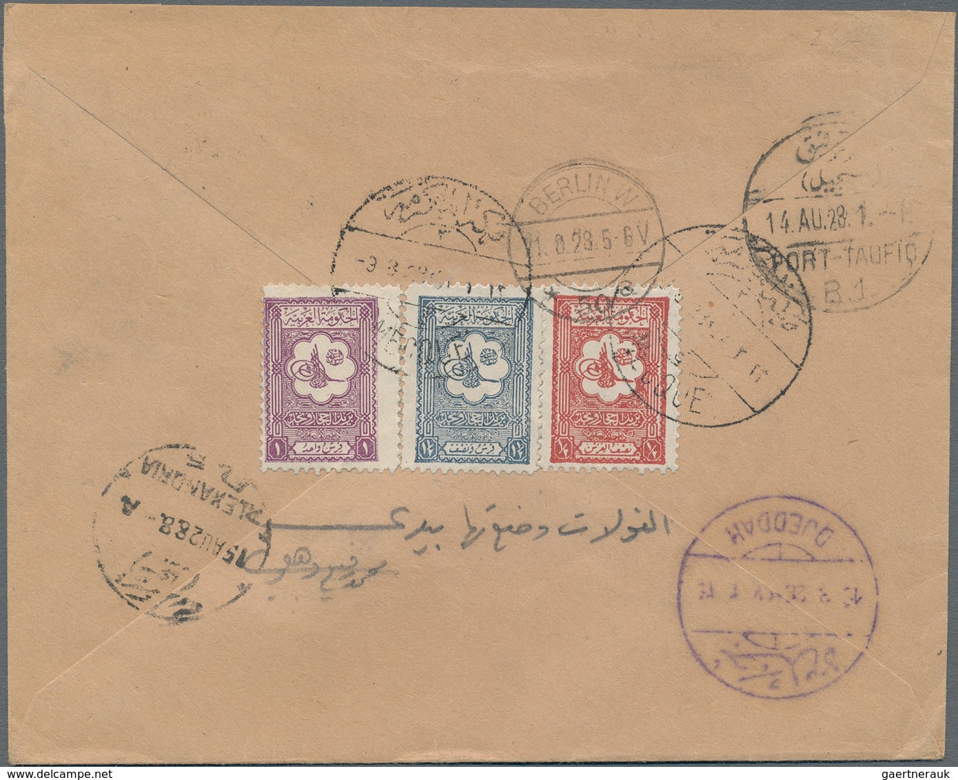 Saudi-Arabien - Nedschd: 1928, ½pi. Carmine, 1pi.violet And 1½pi. Slate, 3pi. Rate On Reverse Of Reg - Saudi-Arabien