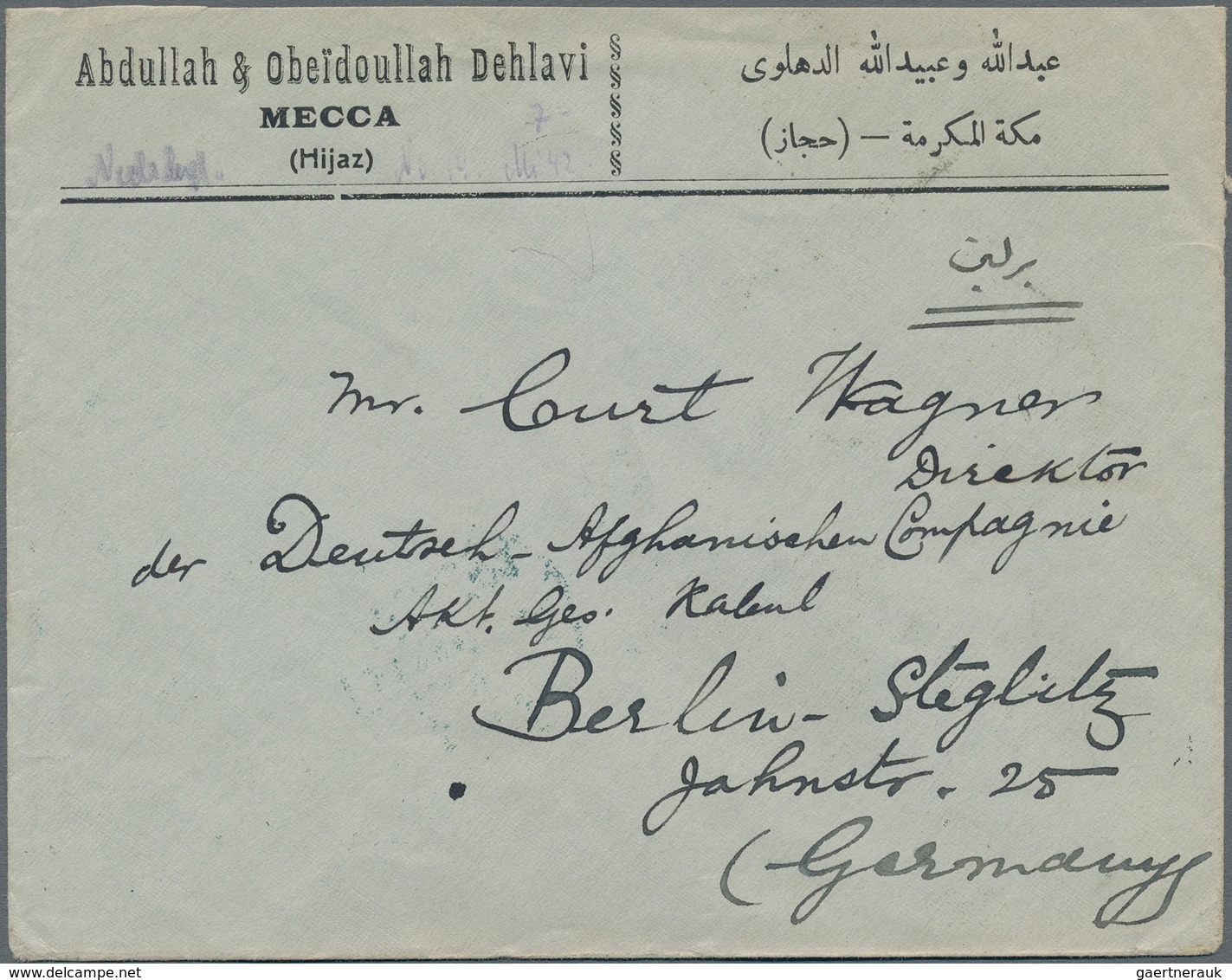 Saudi-Arabien - Nedschd - Portomarken: 1926, 1pi. Blue On Reverse Of Commercial Cover From "MECCA 28 - Saudi Arabia