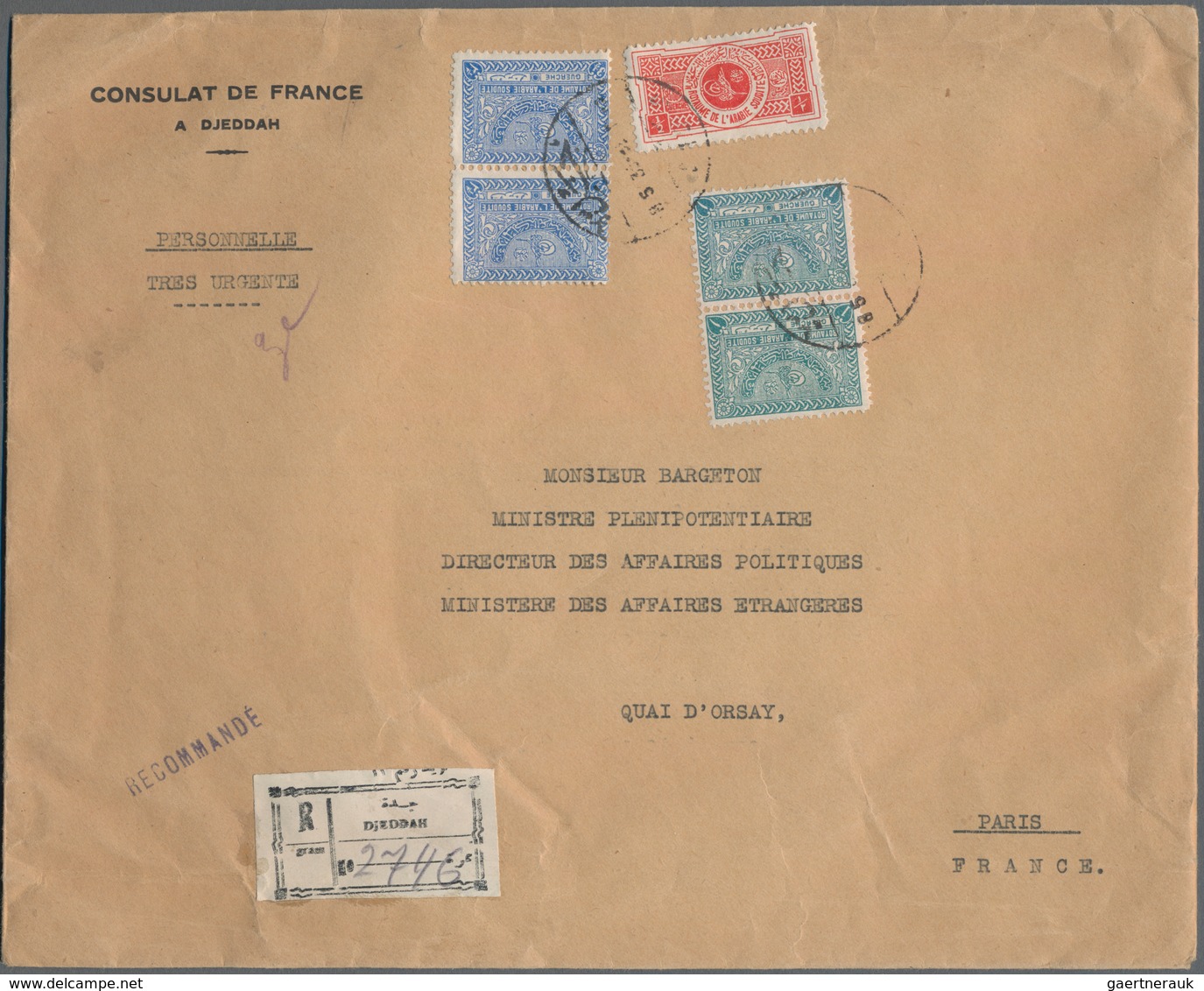 Saudi-Arabien: 1934. Registered Envelope Headed 'Consulate De France A Djeddah' Addressed To 'Monsie - Saoedi-Arabië