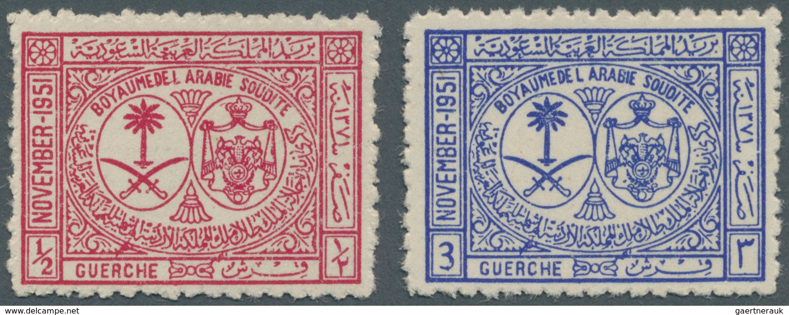 Saudi-Arabien: 1951, Visit Of King Talal Of Jordania Set, Both With Error Inscription "BOYAUME" (qui - Saoedi-Arabië