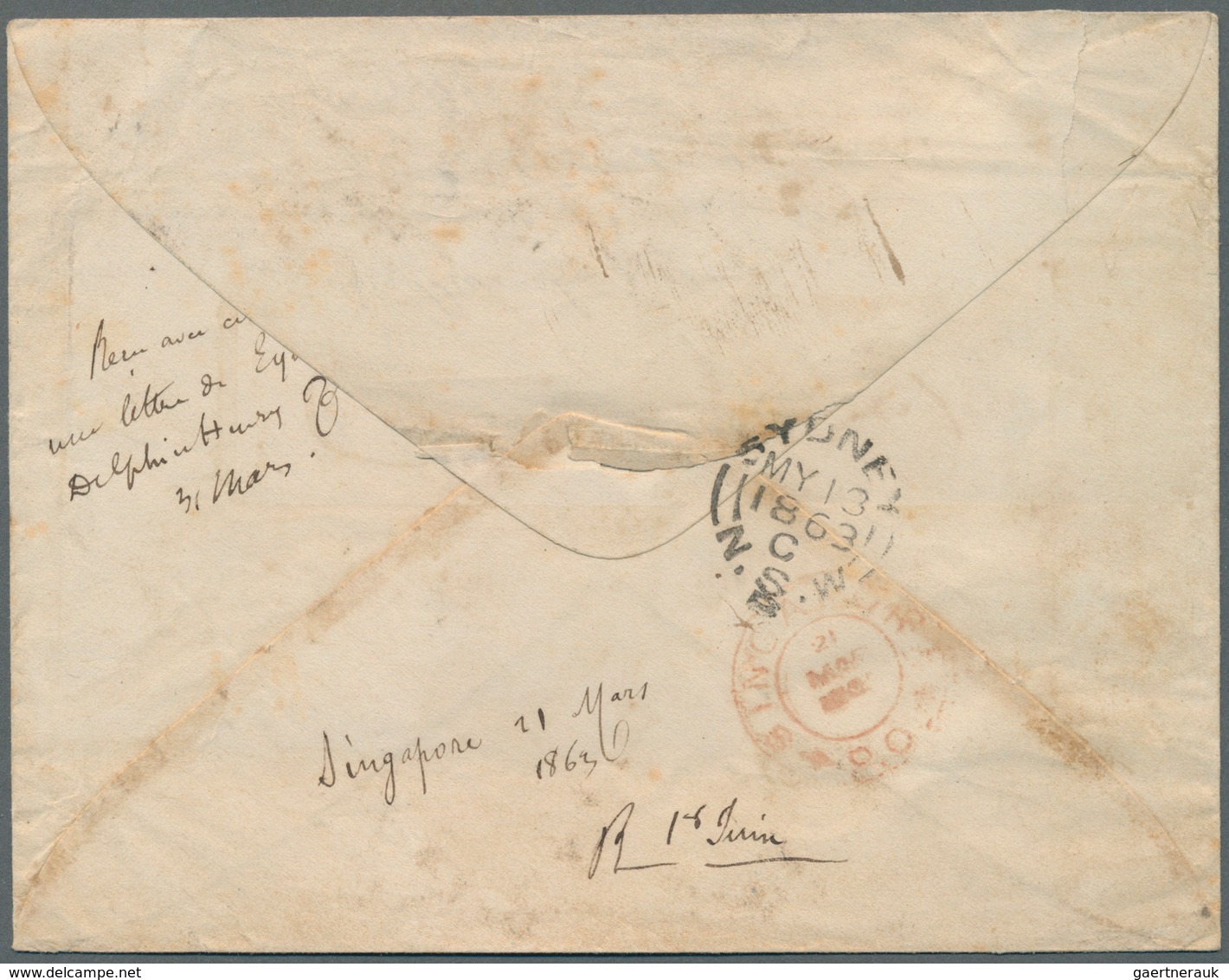 Singapur: 1863. Envelope Addressed To Fort De France, New Caledonia Bearing India SG 46, 4a Grey-bla - Singapore (...-1959)