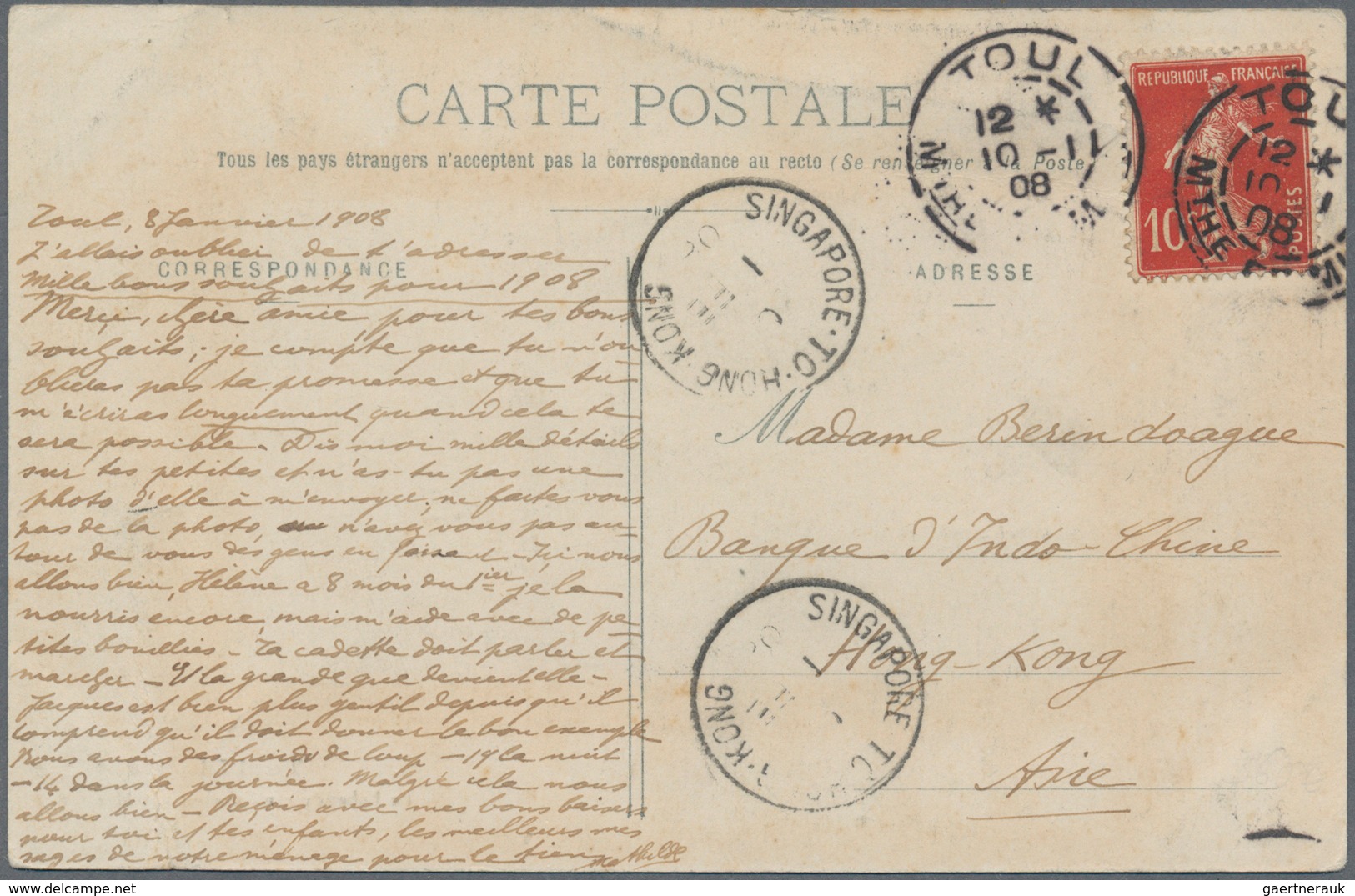 Singapur: 1908, "SINGAPORE TO HONG KONG C 1 FE 08", Marine Sorter On Ppc From France "TOUL 10-1-08" - Singapore (...-1959)