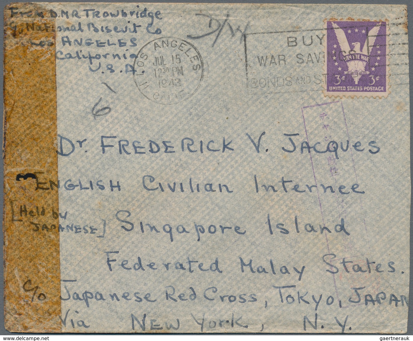 Singapur: 1942, Changi Camp For Civlian Internees: US 3 C. Tied "LOS ANGELES JUL 15 1942" To Censore - Singapore (...-1959)