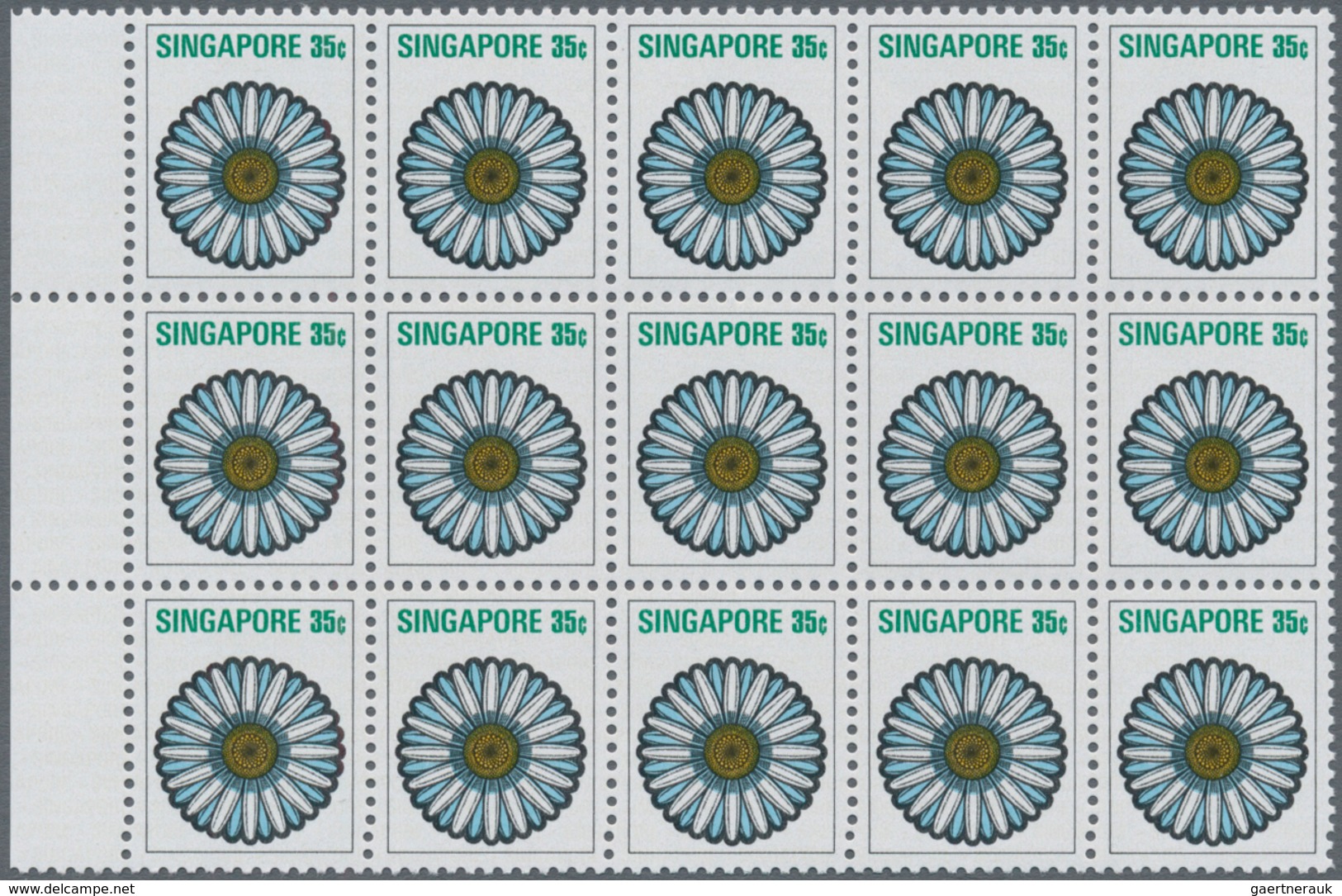 Singapur: 1973, Flowers and Fruits defintives complete set of 13 in blocks of 15, mint never hinged,