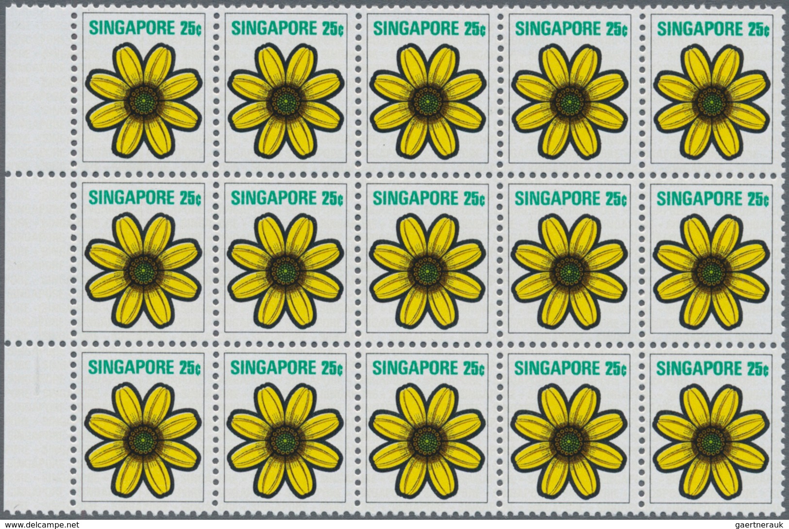 Singapur: 1973, Flowers and Fruits defintives complete set of 13 in blocks of 15, mint never hinged,