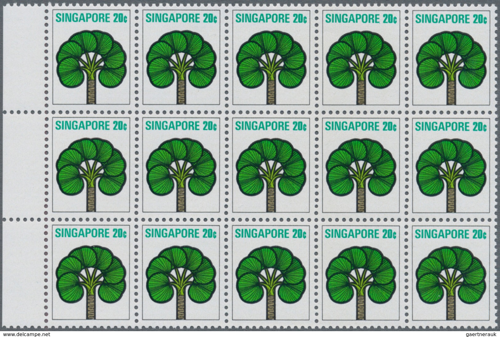 Singapur: 1973, Flowers and Fruits defintives complete set of 13 in blocks of 15, mint never hinged,