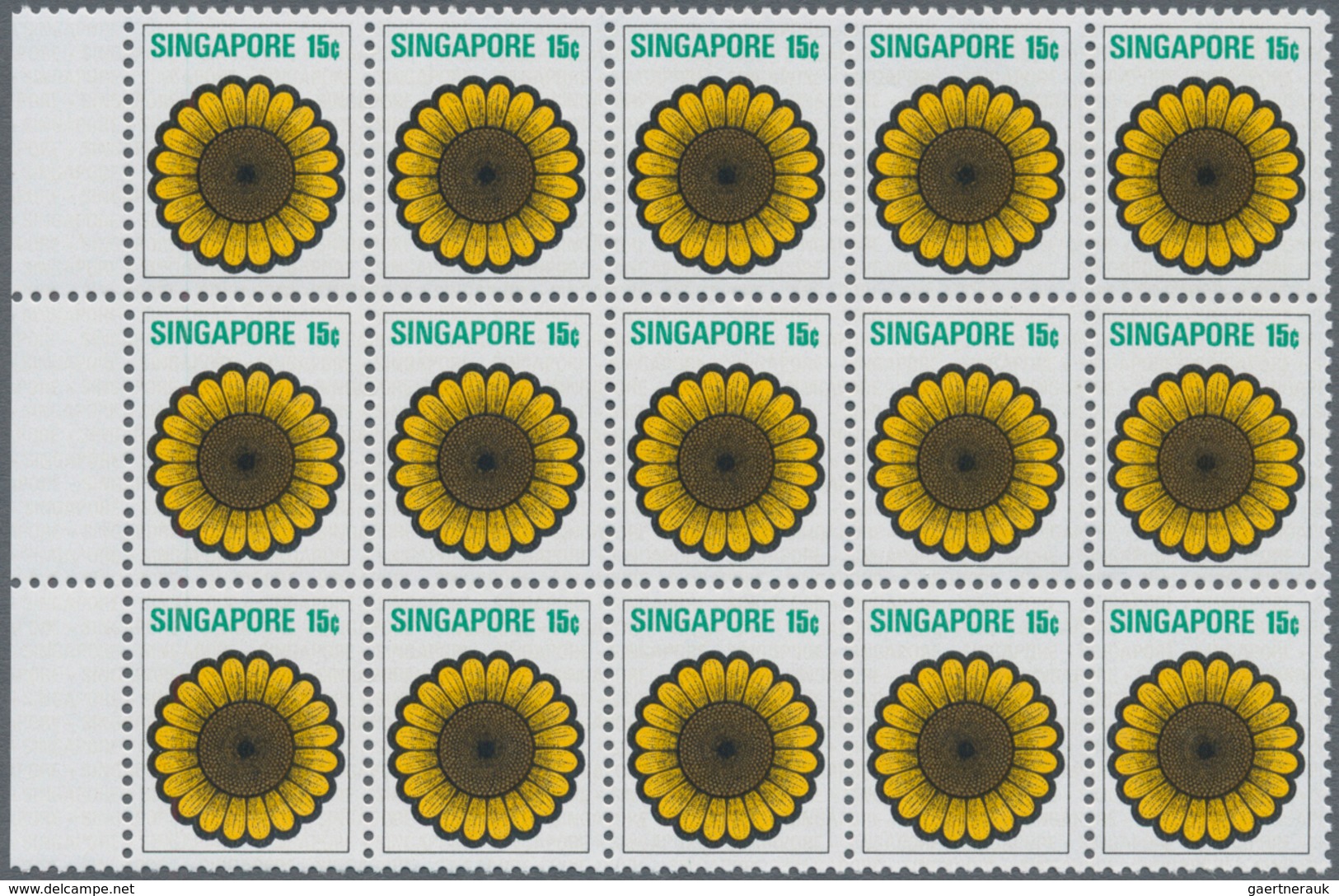 Singapur: 1973, Flowers and Fruits defintives complete set of 13 in blocks of 15, mint never hinged,