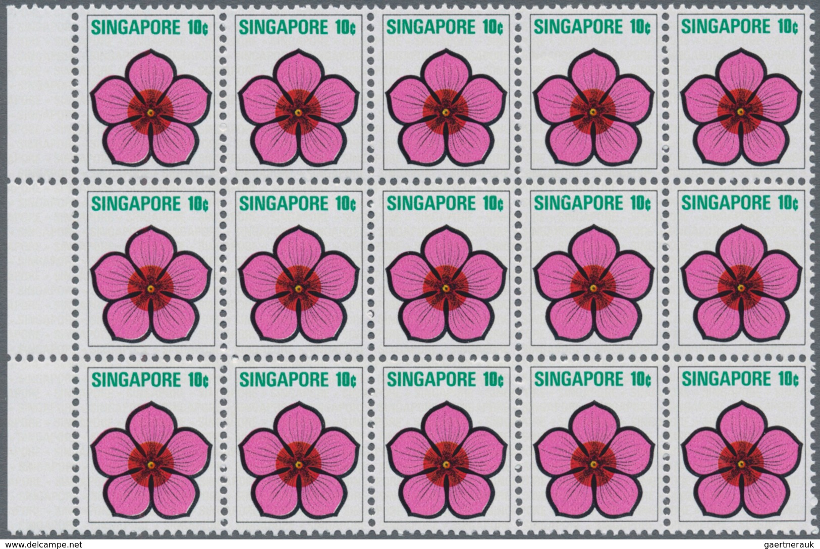 Singapur: 1973, Flowers and Fruits defintives complete set of 13 in blocks of 15, mint never hinged,