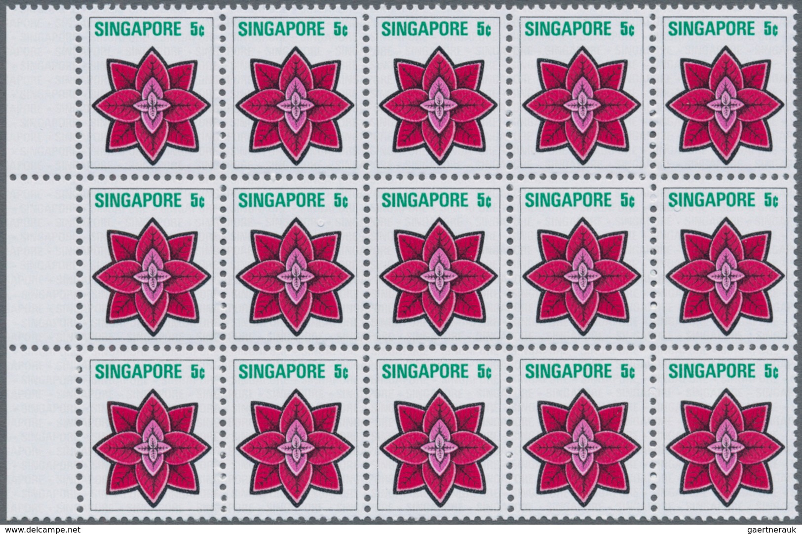 Singapur: 1973, Flowers and Fruits defintives complete set of 13 in blocks of 15, mint never hinged,