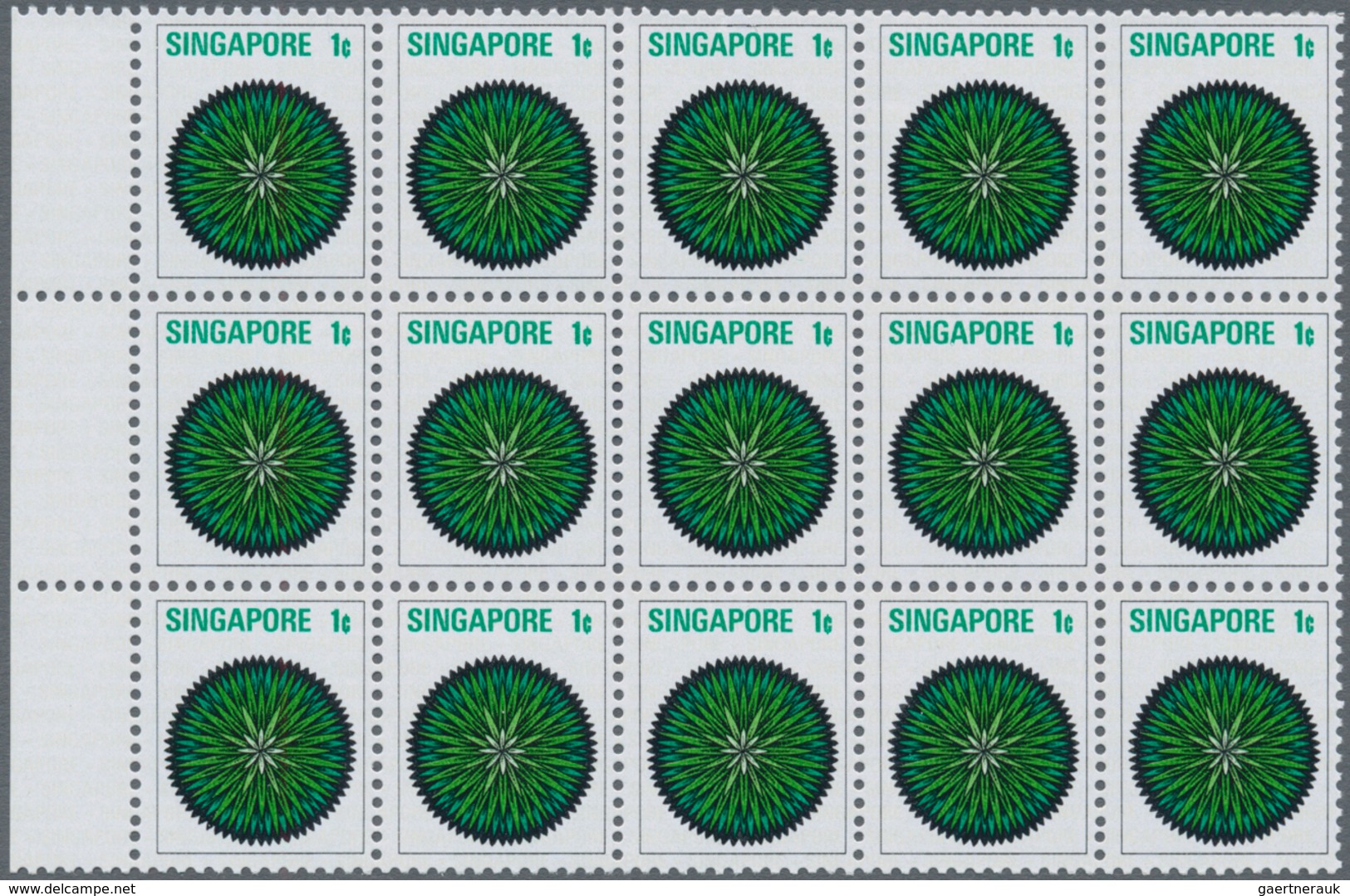 Singapur: 1973, Flowers and Fruits defintives complete set of 13 in blocks of 15, mint never hinged,