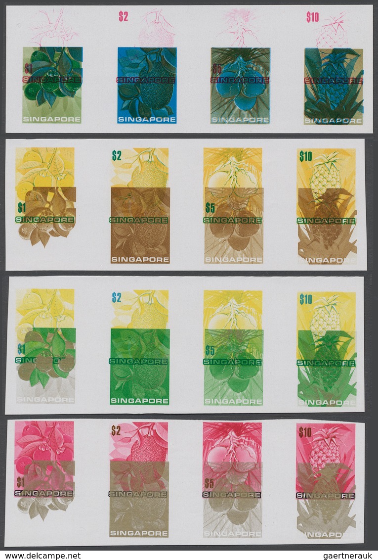 Singapur: 1973, Set Of 4 Strips Of Four Containing Different Color Proofs For The Dollar Values Of 1 - Singapore (...-1959)
