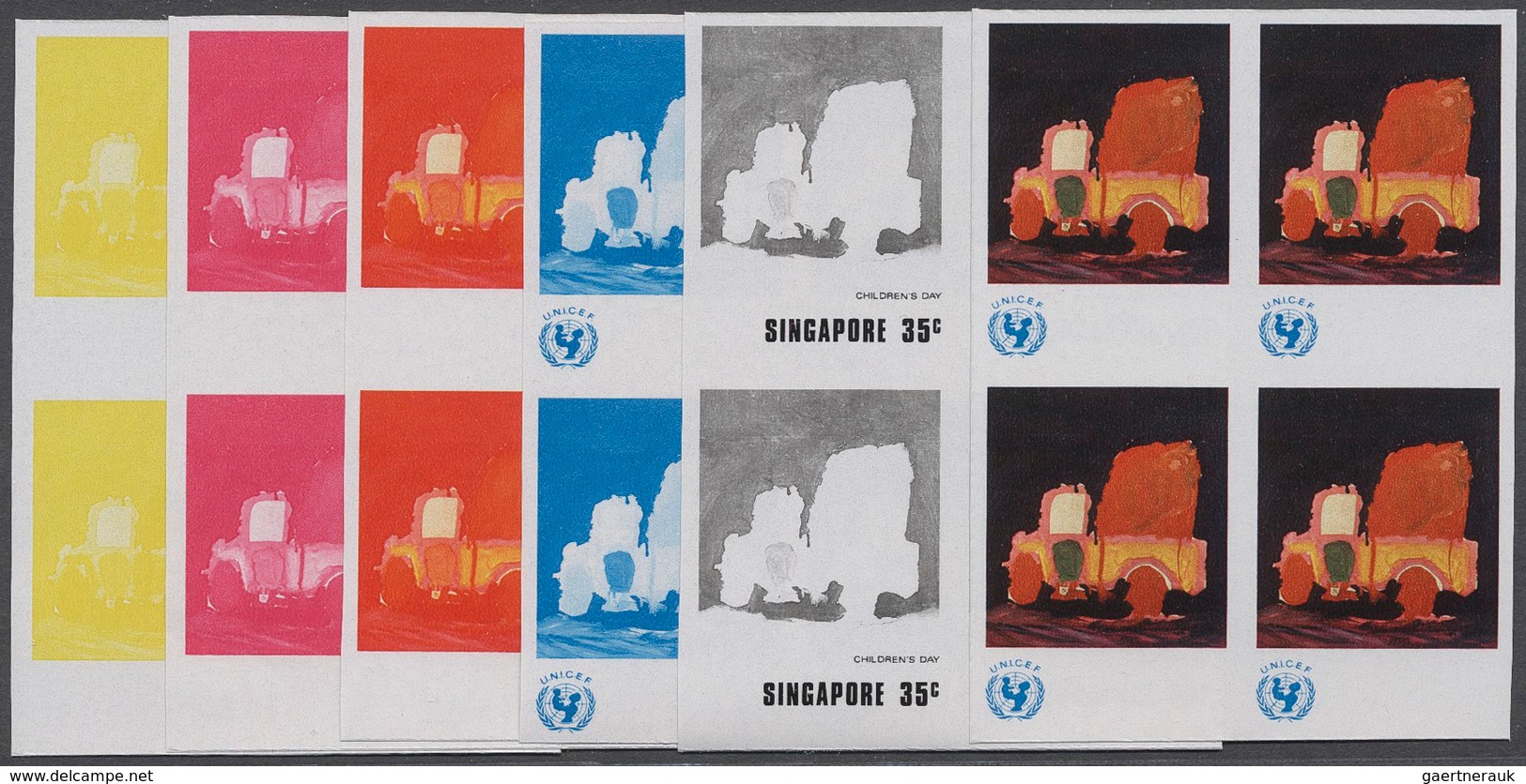 Singapur: 1974, Singapur, UNICEF - CHILDREN'S DAY, »Lorry« By Hoe Yeen Joong - 6 Items; Progressive - Singapore (...-1959)