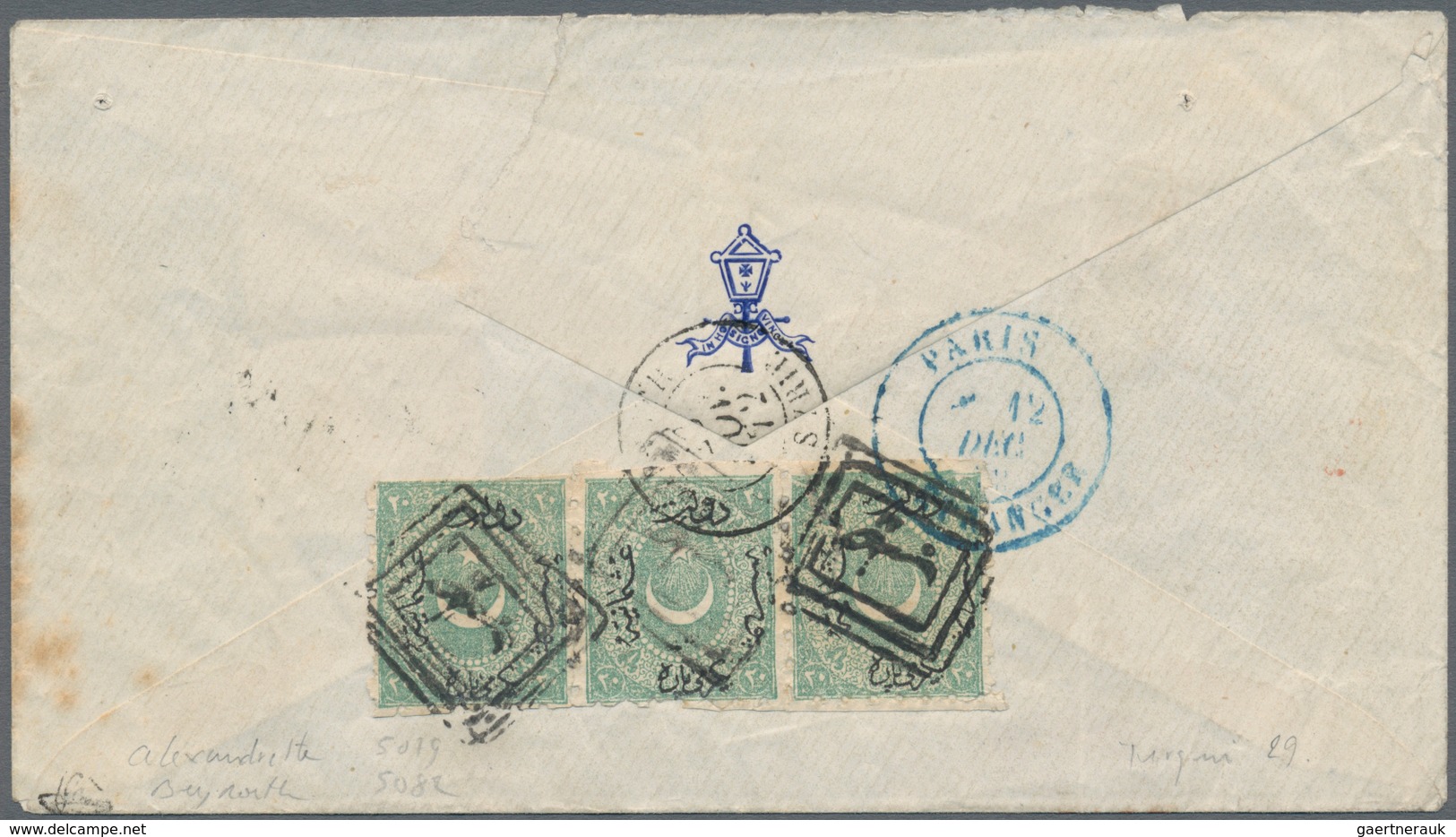 Syrien: 1872, Cover From Aleppo Bearing On Reverse Turkey 20 Para Green Strip Of Three Tied By Boxed - Syria