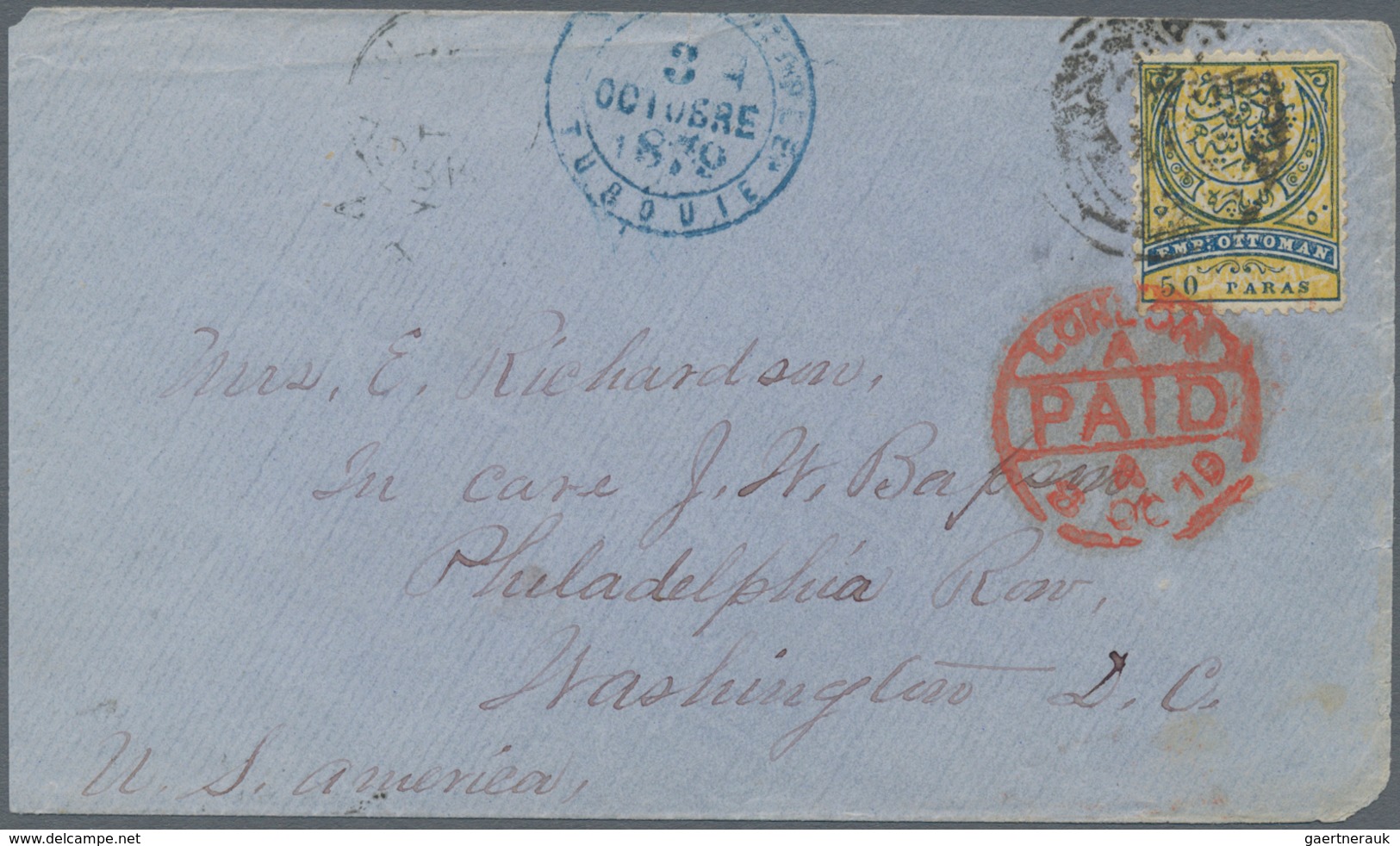 Syrien: 1879, TURKEY - 50 Paras Envelope From Aleppo (SYRIA) To Philadelphia, USA, 1879 - 3 October - Siria