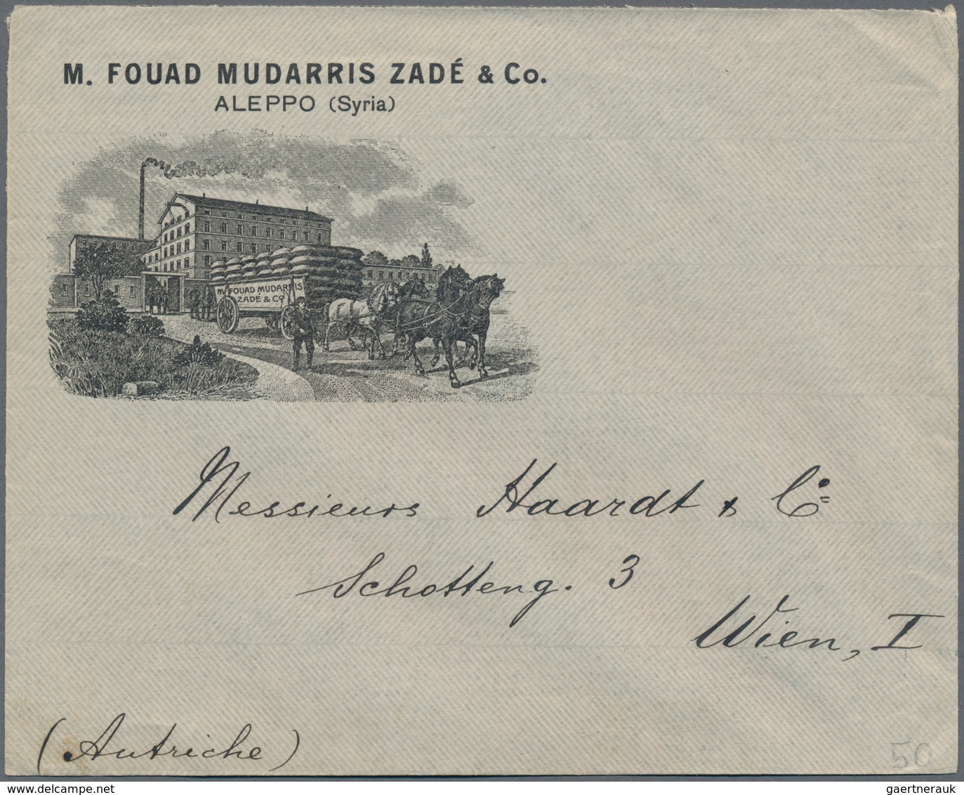 Syrien: 1908, 1pi. Blue On Reverse Of Commercial Cover "M. FOUAD MUDARRIS ZADE & Co. ALEPPO (Syria)" - Syria