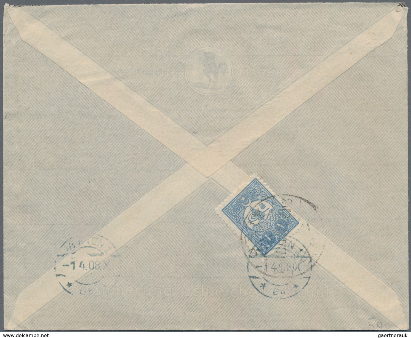 Syrien: 1908, 1pi. Blue On Reverse Of Commercial Cover "M. FOUAD MUDARRIS ZADE & Co. ALEPPO (Syria)" - Syria