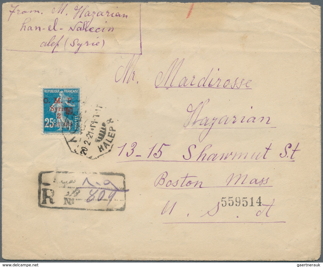 Syrien: 1920, ALEPPO LOCAL ISSUE Red Overprinted 2 Pia. On Registered Cover From Aleppo To USA With - Syrië