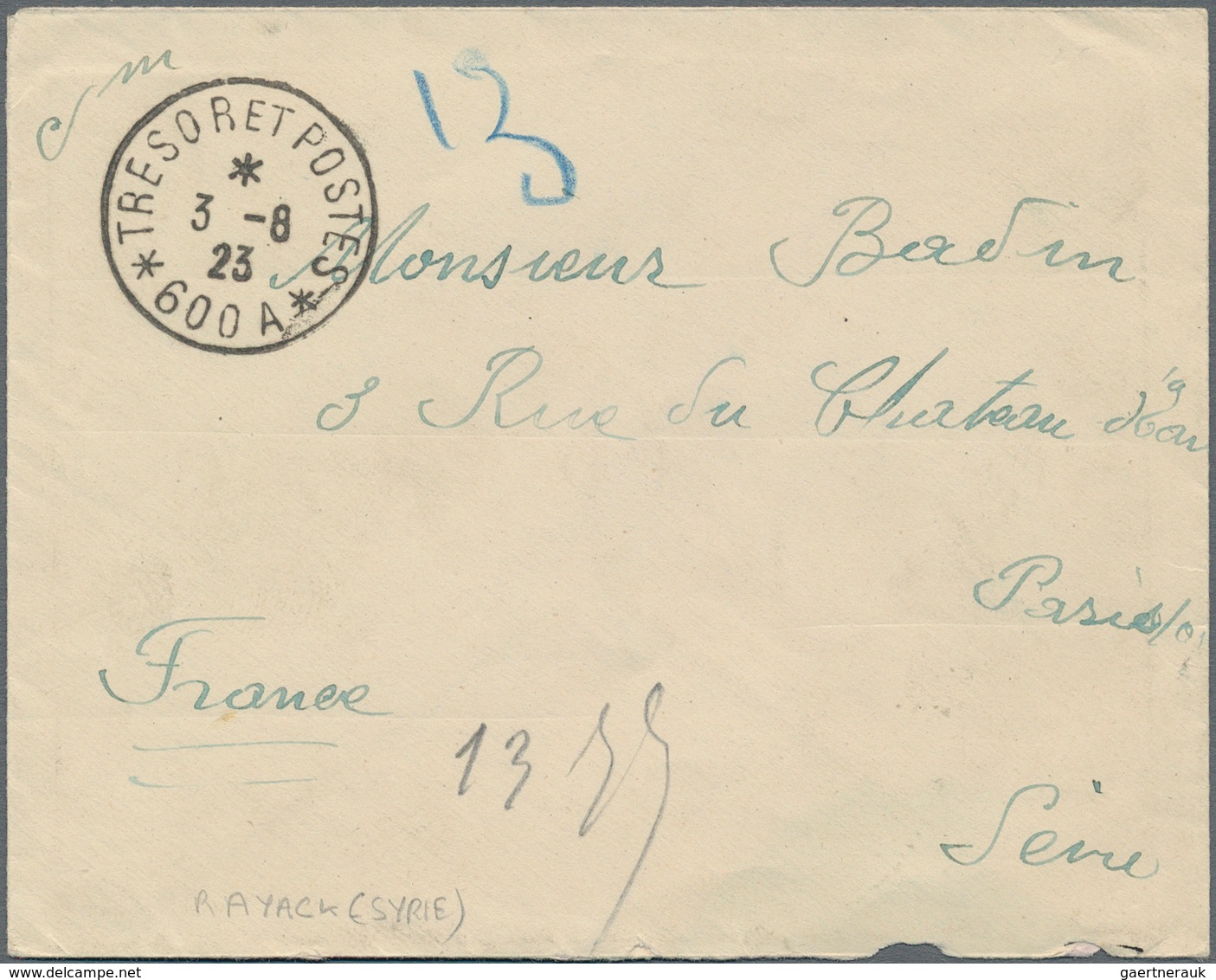 Syrien: 1923, French Military Mail Five Covers Tied By "TRESOR ET POSTES 600A - 3/8/23" Cds., "T.E.P - Syria