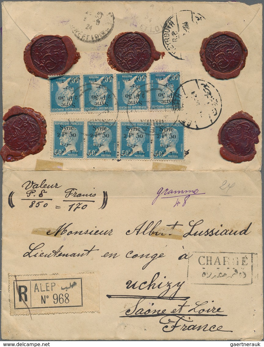 Syrien: 1924, Pasteur 2,50 On 50 C. Blue Two Strips Of Four On Sealed Valeur Declare Cover From Alep - Syrië