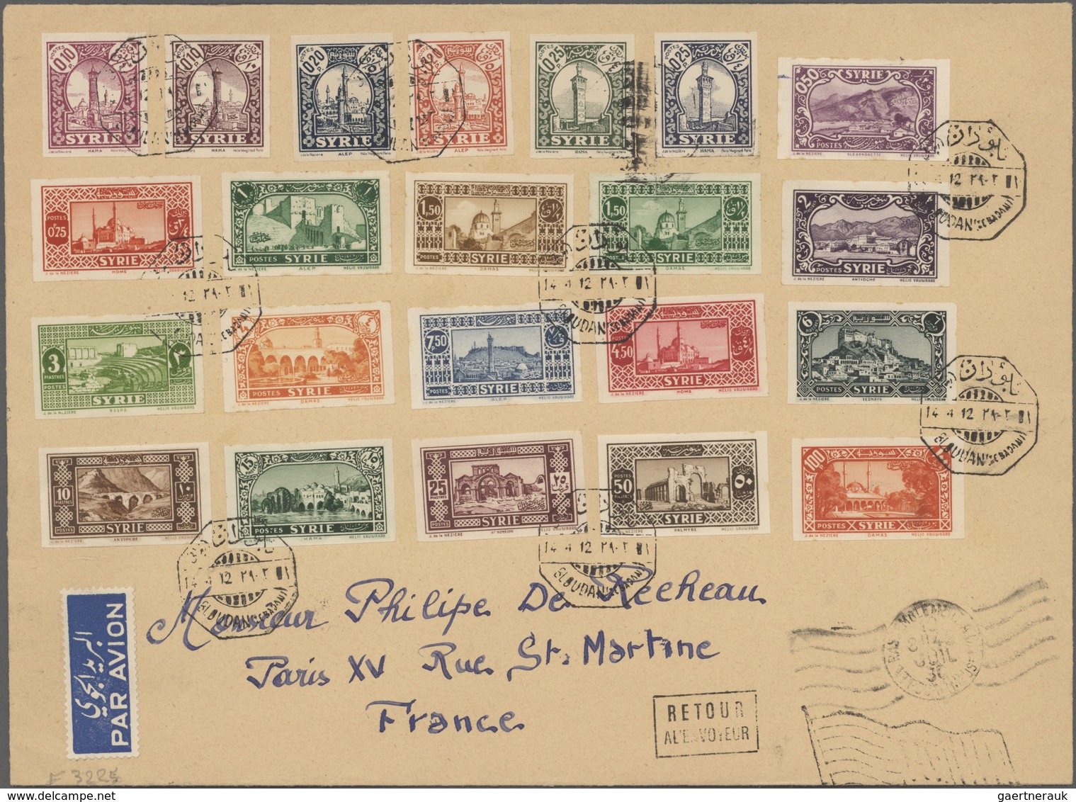 Syrien: 1930-36, Imperf Set Of 22 Values On Air Mail Cover From Bloudan To France And Retour In 1936 - Syrie