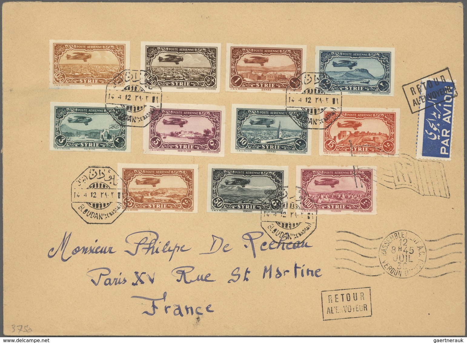 Syrien: 1931-33, Complete Imperf Air Mail Set Of 11 Values On Air Mail Cover From Bloudan To France - Syrië