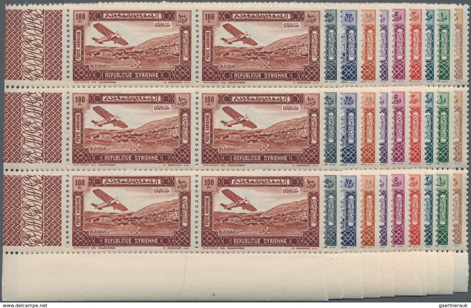 Syrien: 1934, 10 Years Republic Complete Set Of 10 Airmail Stamps To 100pi. In Blocks Of Six From Lo - Syrië