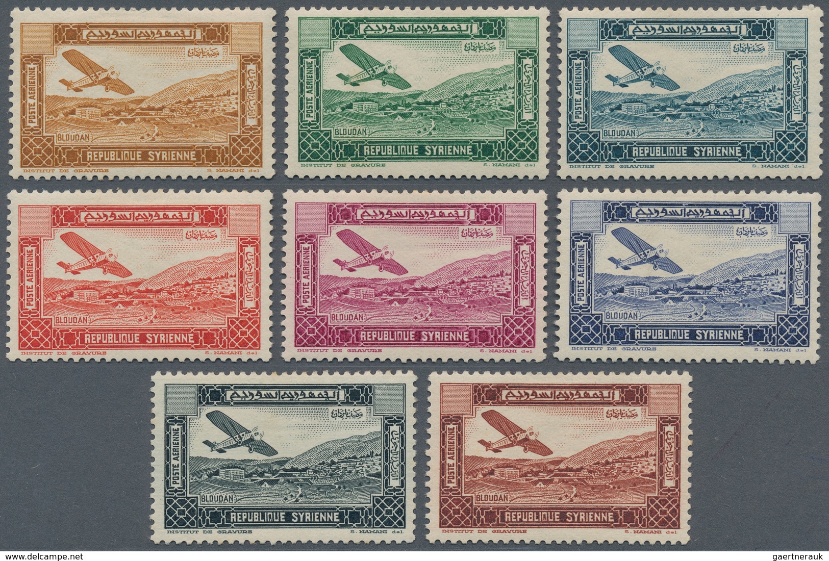 Syrien: 1934, 10 Years Republic Air Mail Issue 10 Proofs Without Value In Issued Colors, Mint Hinged - Syrië