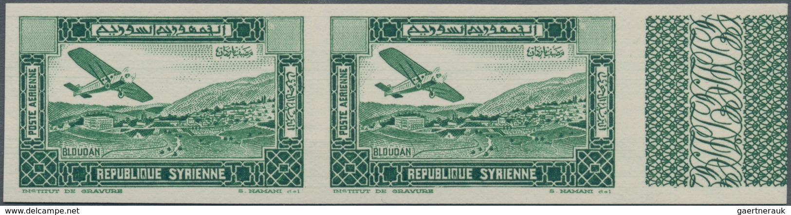 Syrien: 1934, Airmails 1pi. Green, Right Marginal Imperforate Horizontal Pair With Empty Value Field - Syrië