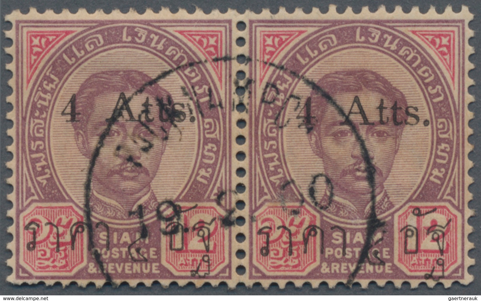 Thailand: 1897, 4a. On 12a. Lilac/carmine, Horizontal Pair, Left Stamp With 1st T And Right Stamp Wi - Thailand