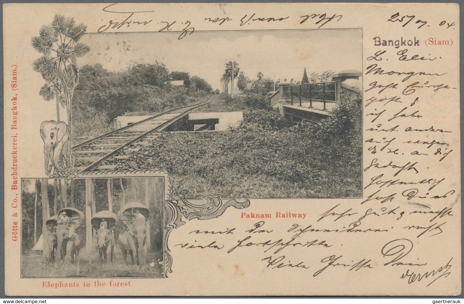 Thailand: 1904 Picture Postcard (Paknam Railway & Elephants) Sent From Bangkok (dated '25/7 04') To - Thaïlande