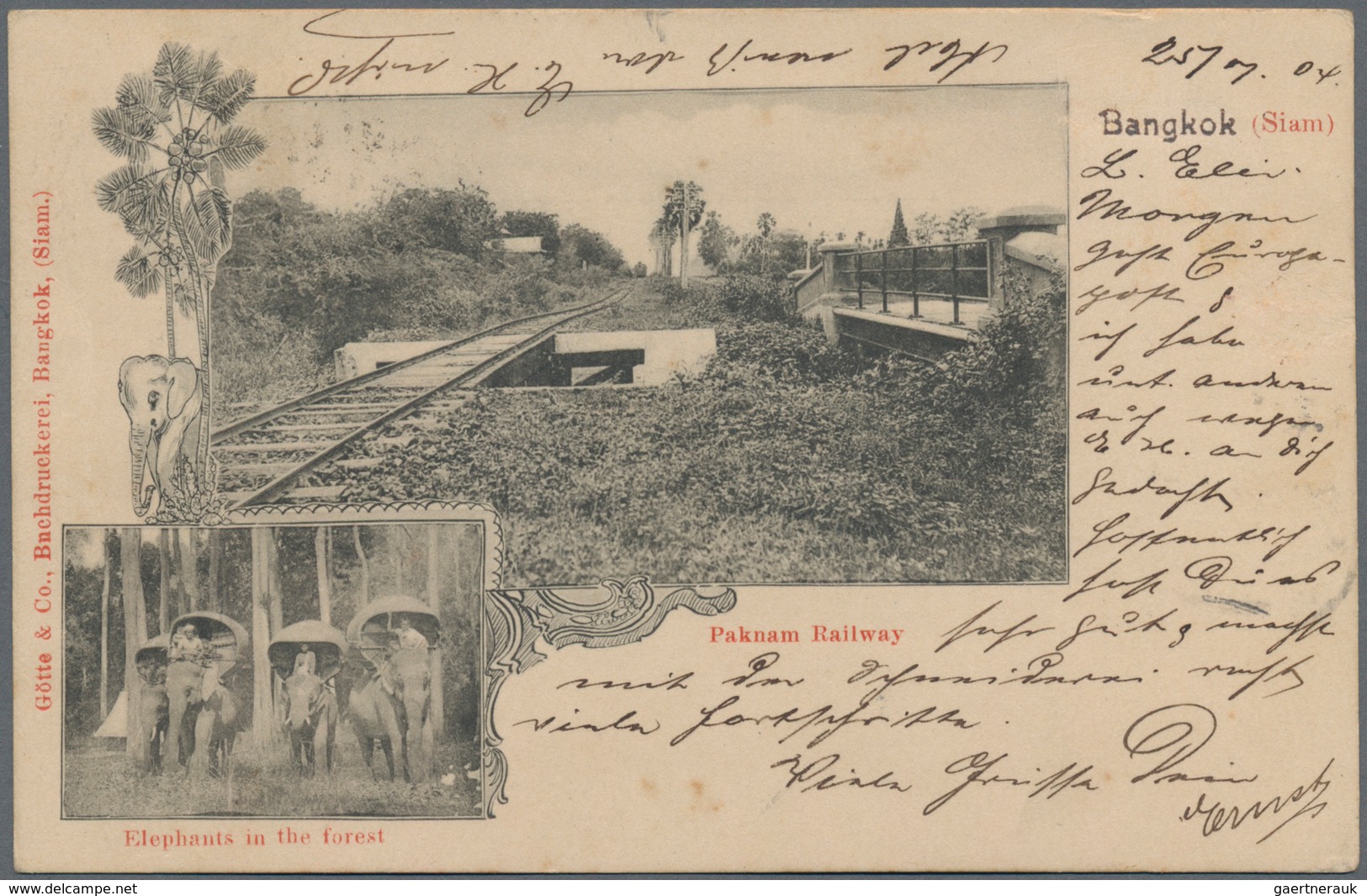 Thailand: 1904 Picture Postcard (Paknam Railway & Elephants) Sent From Bangkok (dated '25/7 04') To - Thailand