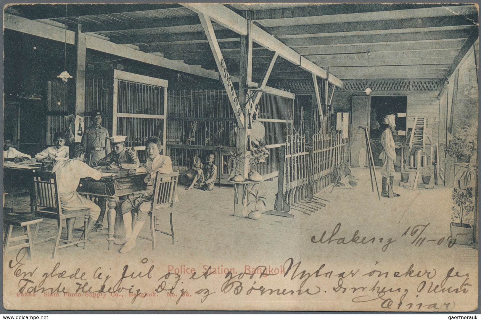 Thailand: 1905 Destination DENMARK: Picture Postcard (Bangkok Police Station) Used From Another Thai - Tailandia