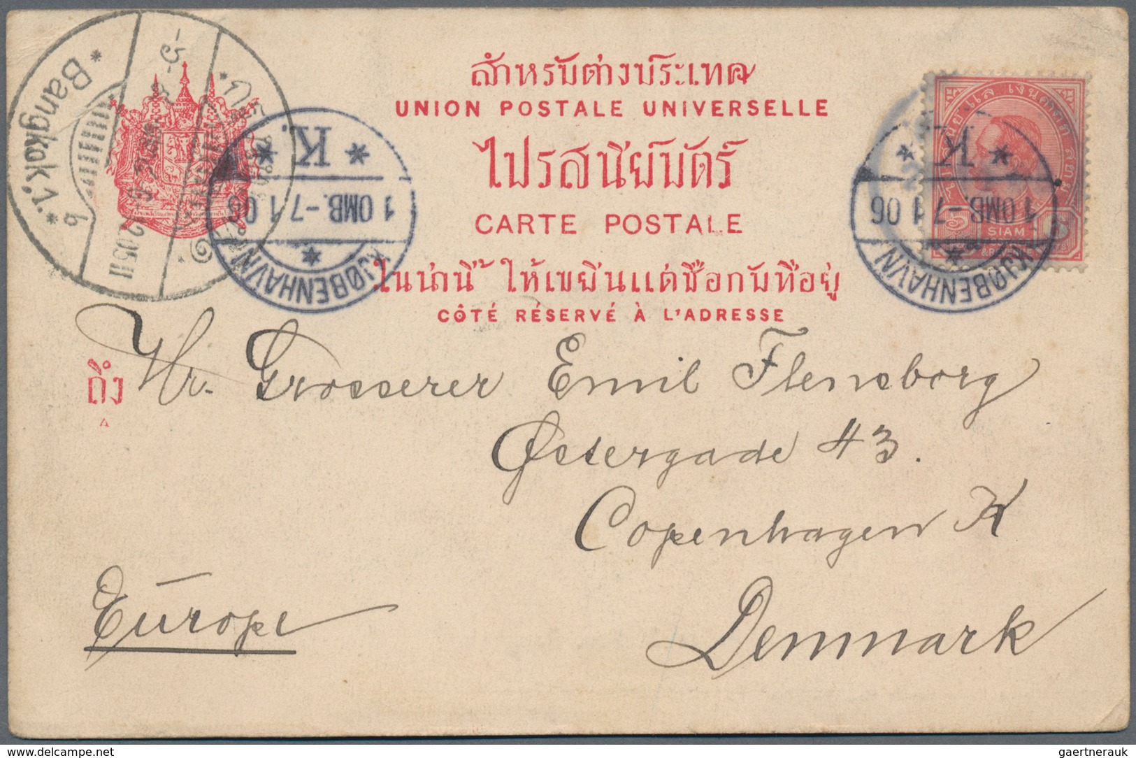 Thailand: 1905 Destination DENMARK: Picture Postcard (Bangkok Police Station) Used From Another Thai - Tailandia