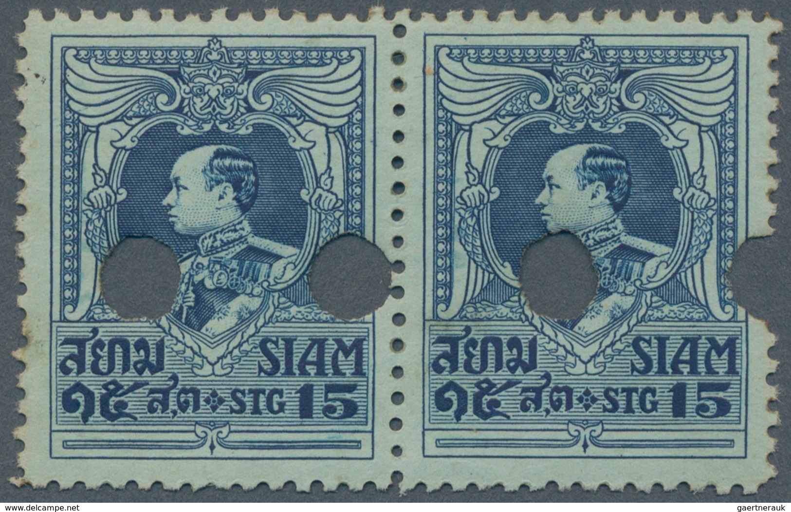 Thailand: 1925, 15 S. Dark Blue On Bluish, Perf. 12½, Horiz. Pair With Punchin Holes For Anulment, C - Thailand
