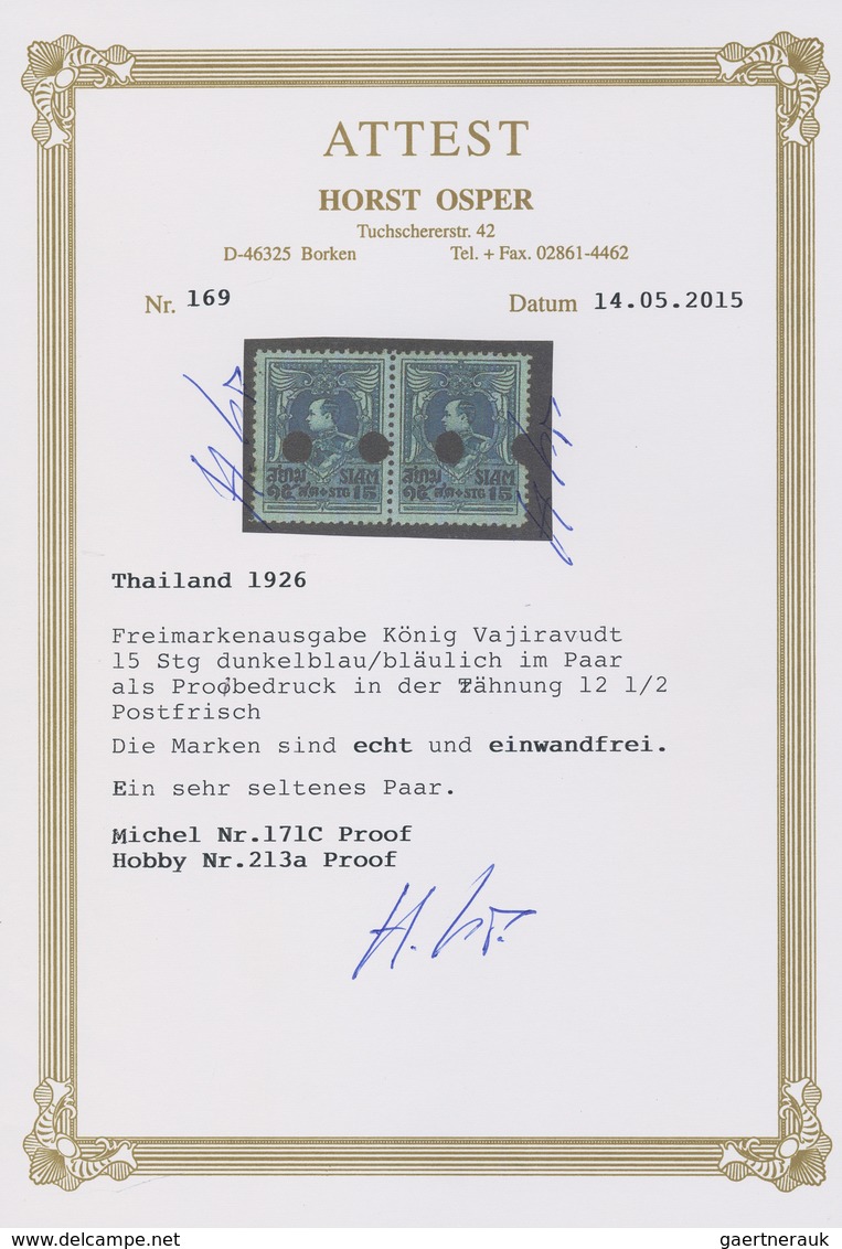 Thailand: 1925, 15 S. Dark Blue On Bluish, Perf. 12½, Horiz. Pair With Punchin Holes For Anulment, C - Thailand