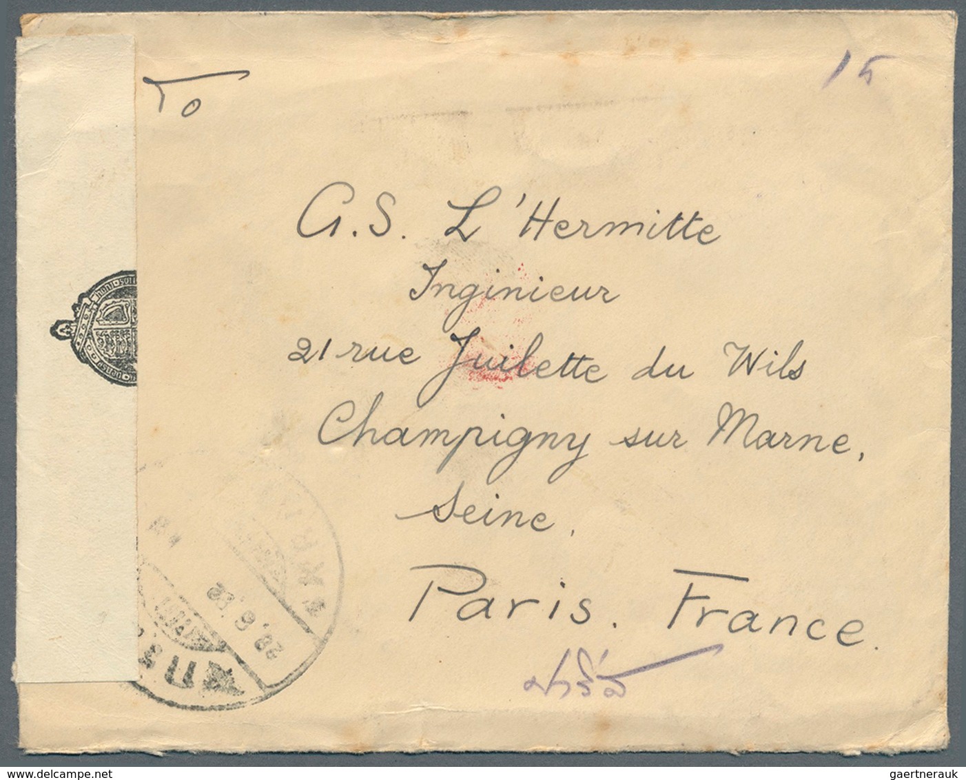 Thailand: 1939: Censored Cover From Ao Luk To Paris, France, Franked On Reverse With 1939 'Survey De - Thailand