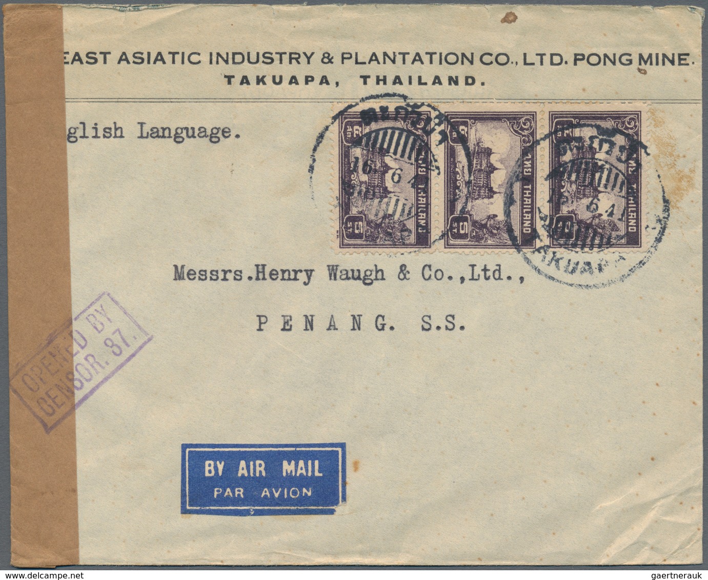 Thailand: 1941 Censored Airmail Cover From Takuapa To Penang, Franked By 1940 5s. Vertical Strip Of - Thaïlande