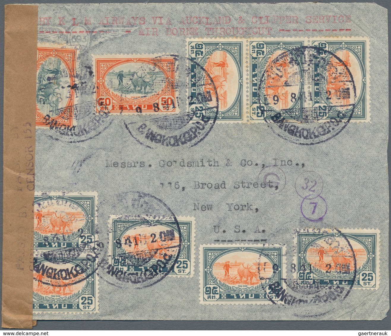 Thailand: 1941 Censored Airmail Cover From Bangkok To New York 'By KLM Airways Via Auckland & Clippe - Thailand