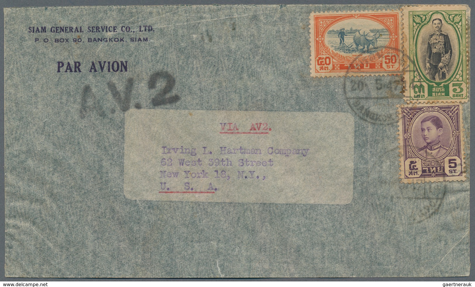 Thailand: 1947, Two Airmail Covers To The U.S.A., Both With "A.V.2" Handstamp And Franked By 1928 'R - Thailand