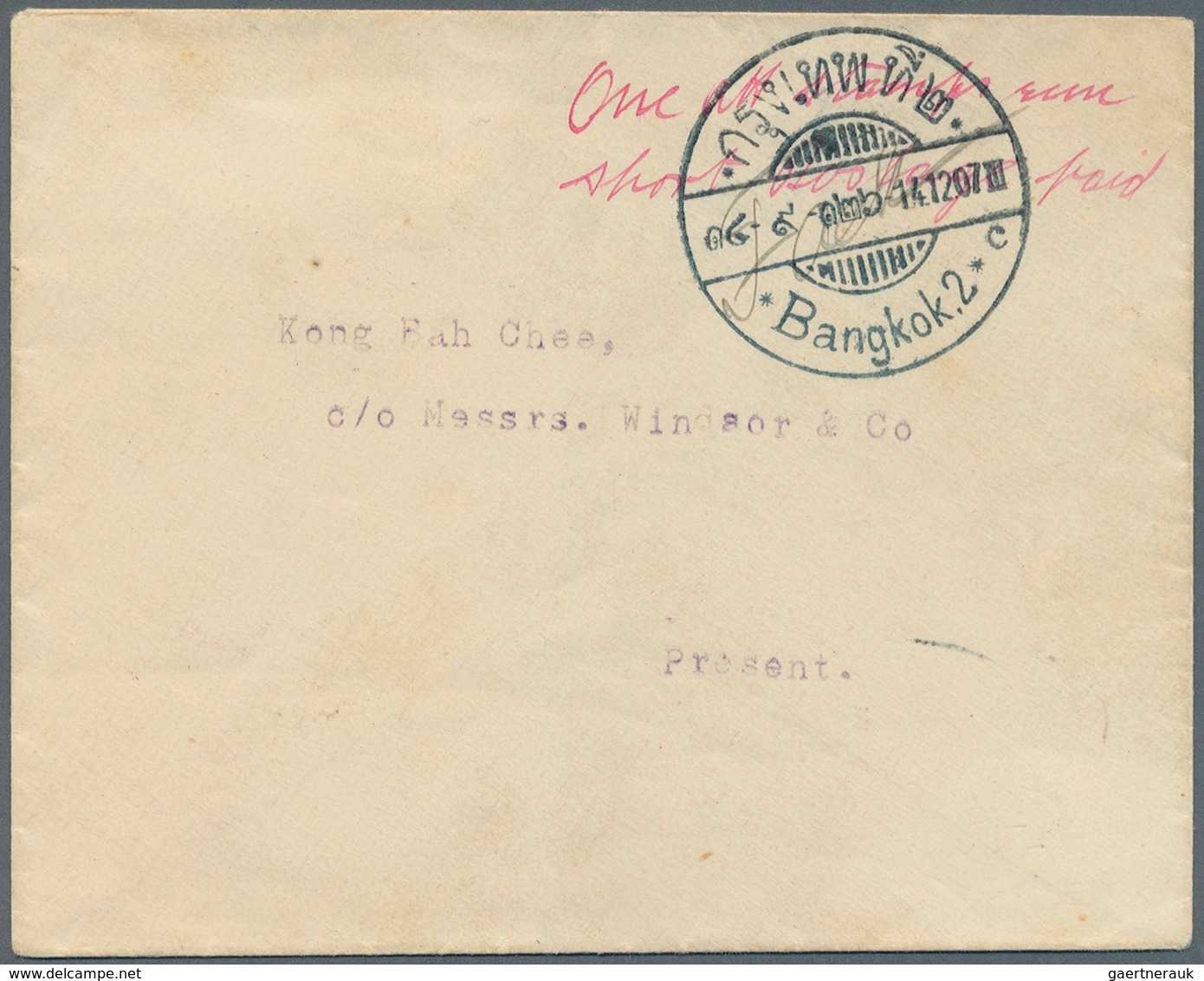 Thailand - Stempel: 1907, Provisional Prepayment Of Postage In Cash On Local Cover With Handwritten - Thailand